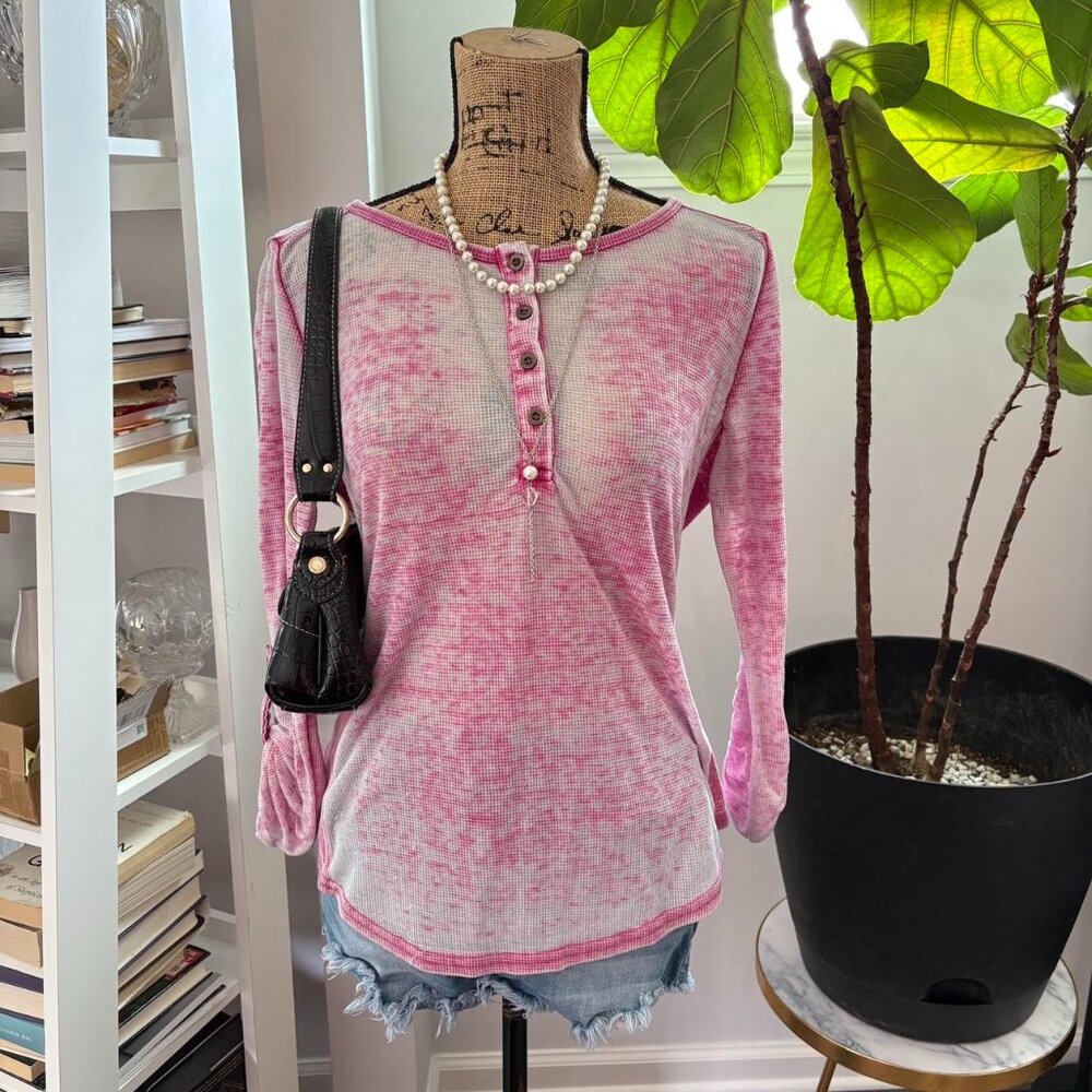 Pink & White Faded Henley Long Sleeve Top